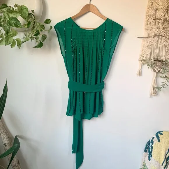 Anthropologie Sheer Sleeveless Beaded Blouse Top Bohemian Boho Fairy Classic - Picture 3 of 15